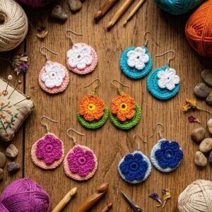 Aretes tejidos círculo con flor
