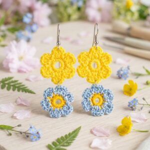 Aretes tejidos flor amarilla con flor azul